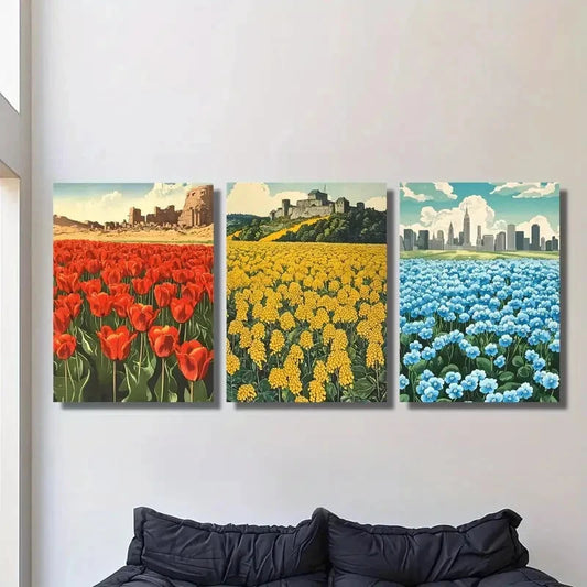 3pcs botanical flower field with red, yellow ,Metal Print Ready to Hang Art