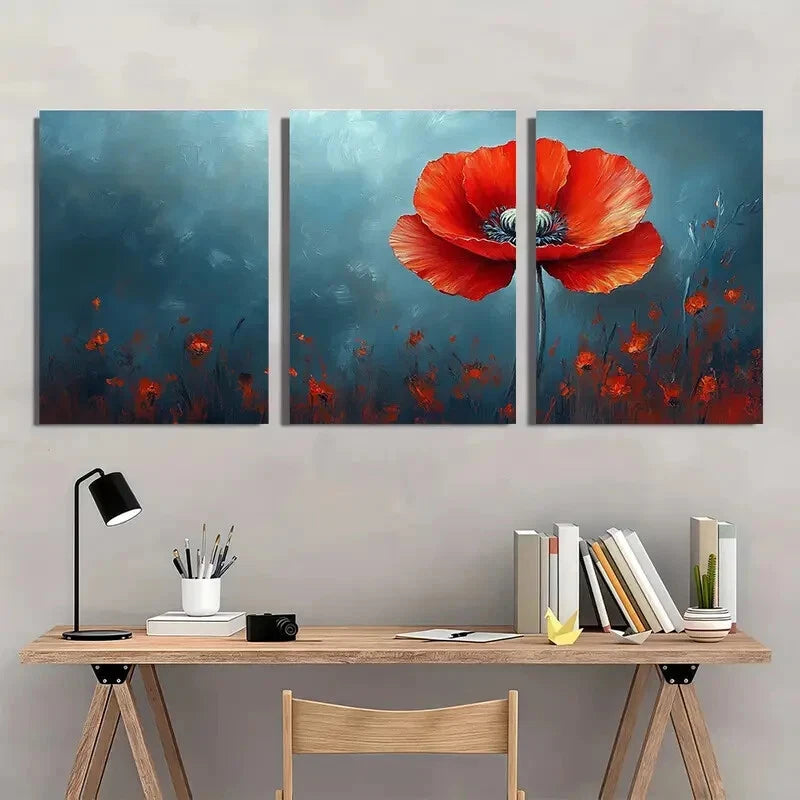 3pcsVibrant Red Poppy Colorful Floral Metal Print Ready to Hang Art - Bella Home Decor