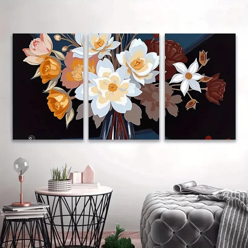 3pcs Eternal Elegance White and Amber Flowers Wall Art Set Canvas Framed 40x60cm - High Quality Print 100% Australian Made Wall Canvas Ready to Hang