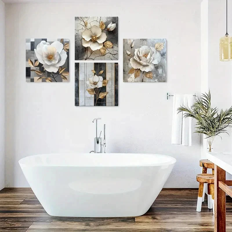 4pcs White Poster, Golden Art Prints Wall Art Canvas Framed