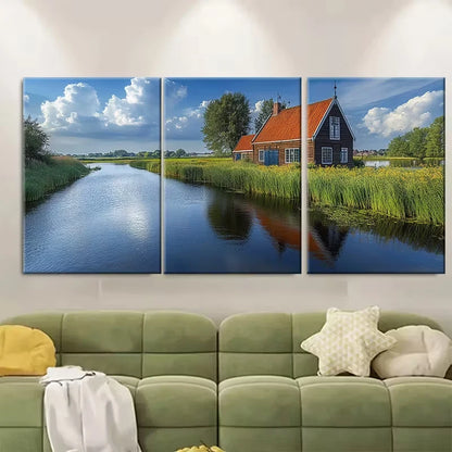 3pcs Iconic Mill Scenery with Red Roof Metal Print Ready to Hang Art