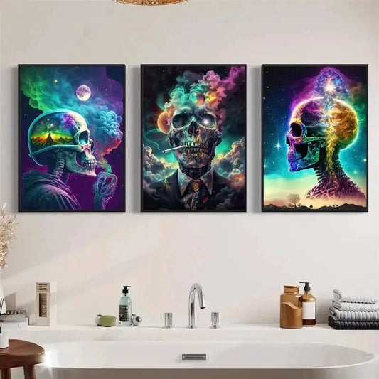 3pcs Vibrant Cosmic & Skeleton VCS Wall Art Set Canvas Framed 50x70cm - High Quality Print 100% Australian Made Wall Canvas Ready to Hang