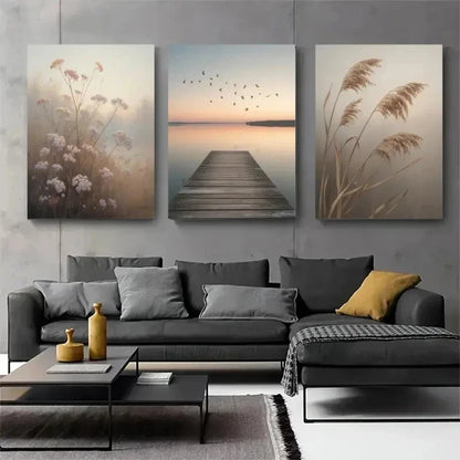3pcs Dock, Birds, Wildflowers, Reed Grass  wall Art Set Canvas Framed 50x70cm - High Quality Print 100% Australian Made Wall Canvas Ready to Hang - Bella Home Decor