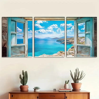 3pcs Coastal Blue Ocean Window Scene Metal Print Ready to Hang Art - Bella Home Decor