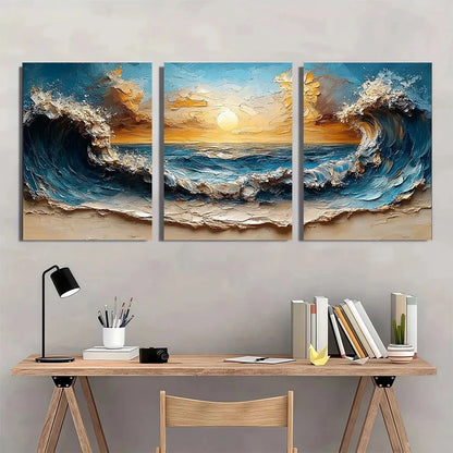 3pcs Beach Wave Oil Painting Abstract Wall Art Set Canvas Framed 50x70cm - High Quality Print 100% Australian Made Wall Canvas Ready to Hang - Bella Home Decor