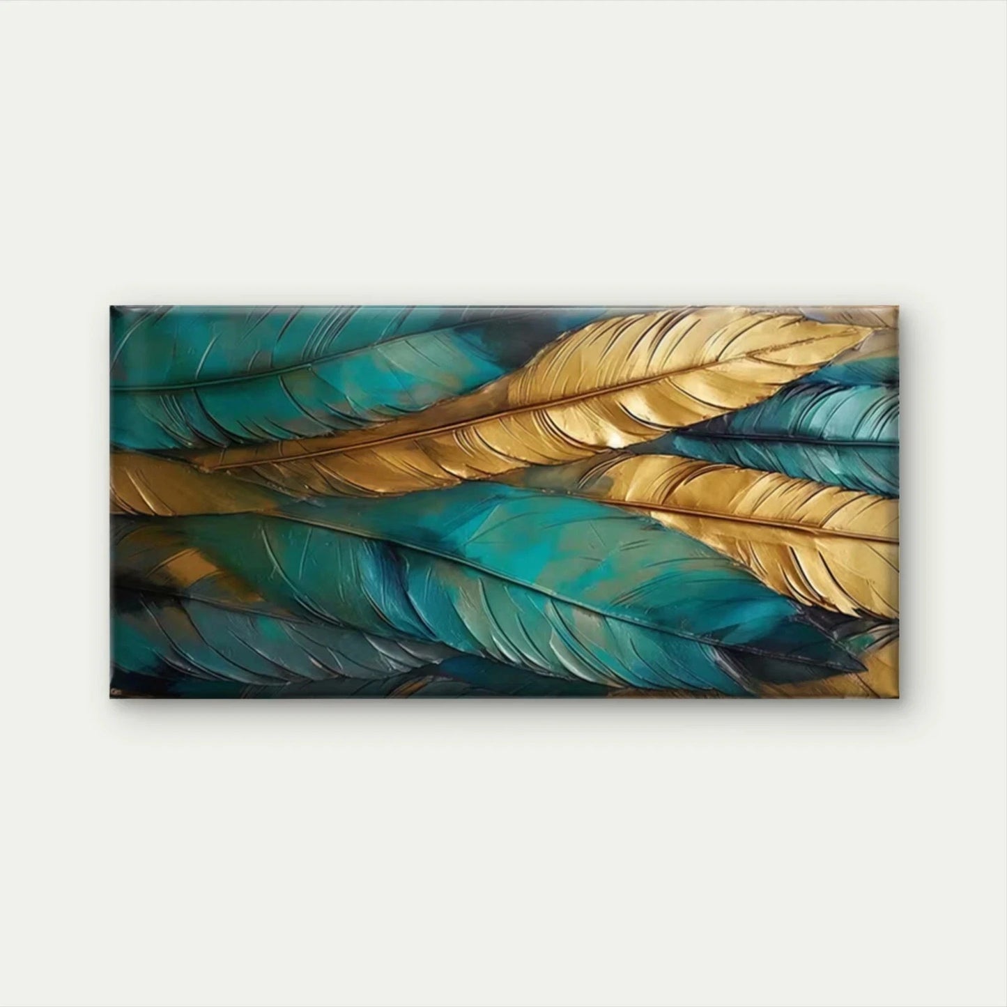 Golden Teal Turquoise Feather Wall Art Canvas Office Home Room Framed 120x60cm