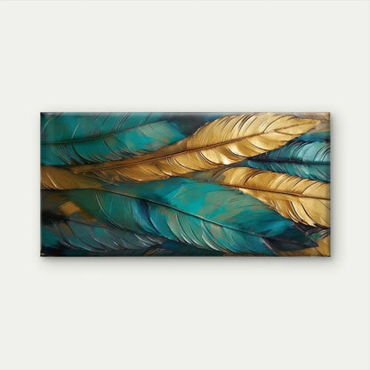 Golden Teal Turquoise Feather Wall Art Canvas Office Home Room Framed 120x60cm