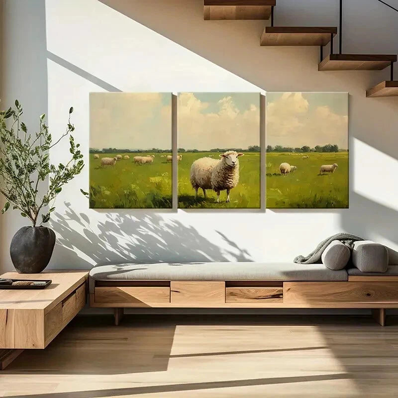 3pcs Rustic Pastoral Scene Sheep Grazing Metal Print Ready to Hang Art - Bella Home Decor