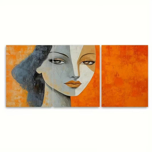 3pcs Orange and Beige Women Portrait Abstract Wall Art Set Canvas Framed 40x60cm - High Quality Print 100% Australian Made Wall Canvas Ready to Hang