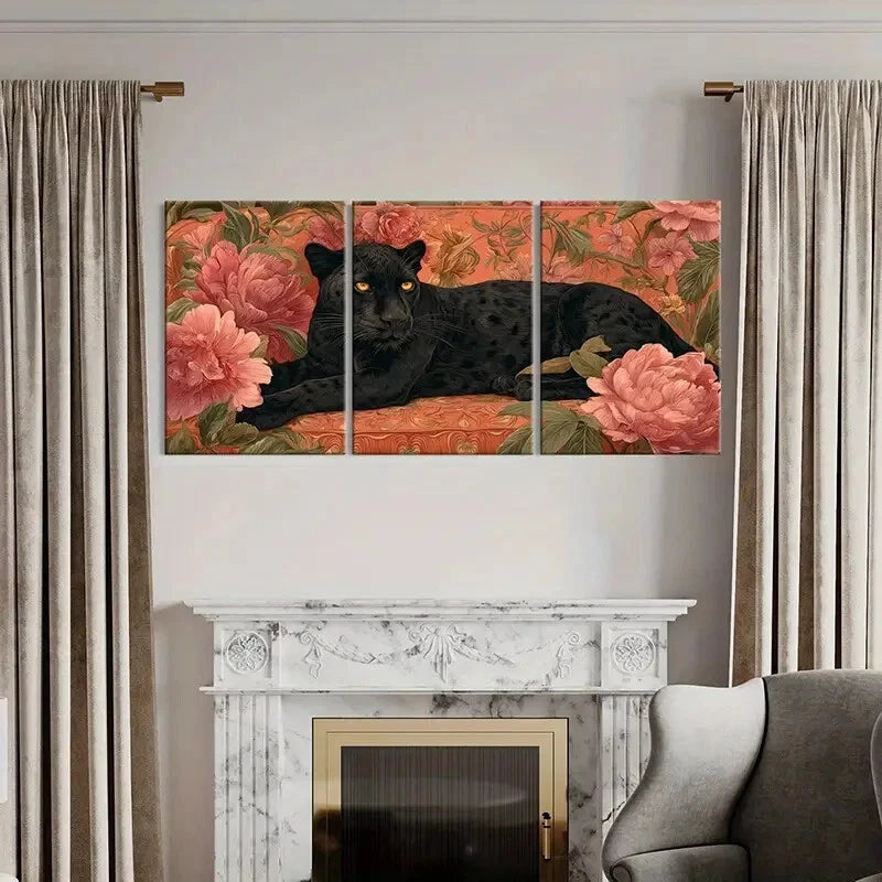 3pcs Black Panther Floral Background Artistic Metal Print Ready to Hang Art - Bella Home Decor