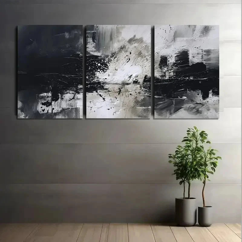 3pcs Abstract Black & White Brushstrokes Metal Print Ready to Hang Art - Bella Home Decor