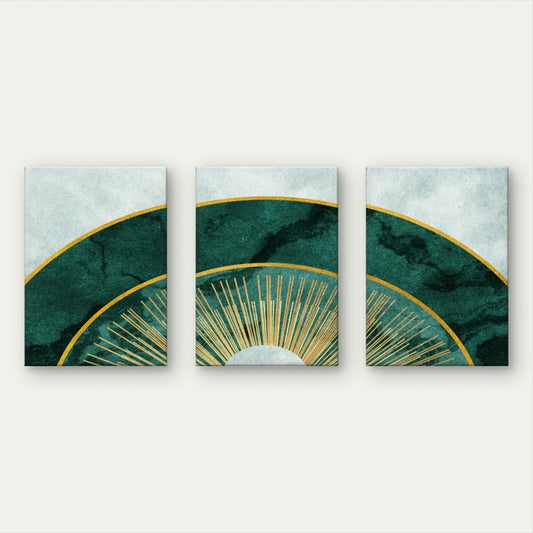 3pcs Emerald Green Marble and Gold Sun Wall Art Set Canvas Framed 50x70cm - High Quality Print 100% Australian Made Wall Canvas Ready to Hang