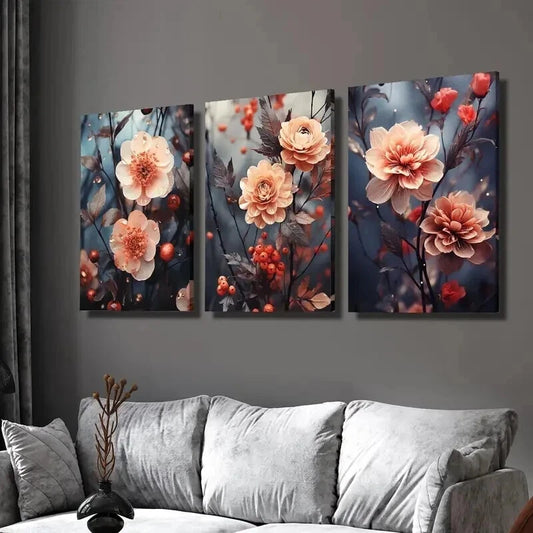 3pcs Pink Botanical Flowers and Berries Wall Art Set Canvas Framed 60x90cm - High Quality Print 100% Australian Made Wall Canvas Ready to Hang