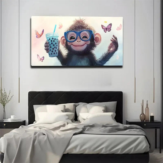 Playful Monkey Blue Drink Color Wall Art Canvas Office Home Room Framed 120x60cm