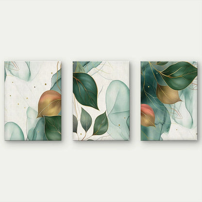 3pcs Abstract Botanical Green and Gold Leaves Wall Art Set Canvas Framed 40x60cm - High Quality Print 100% Australian Made Wall Canvas Ready to Hang