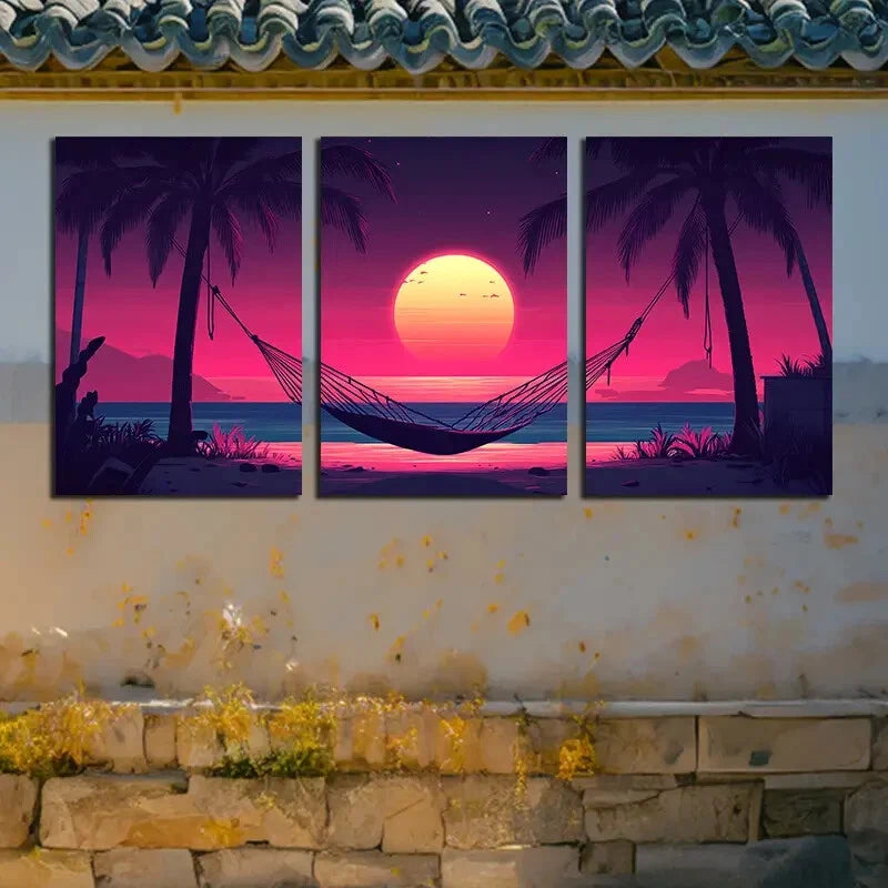 3pcs Vibrant Tropical Hammock Sunset Scene Metal Print Ready to Hang Art - Bella Home Decor