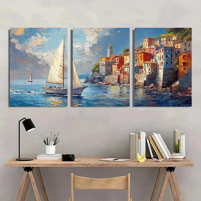 3pcs Vibrant Sailboat & Coastal Town Perfect Wall Art Set Canvas Framed 60x90cm - High Quality Print 100% Australian Made Wall Canvas Ready to Hang