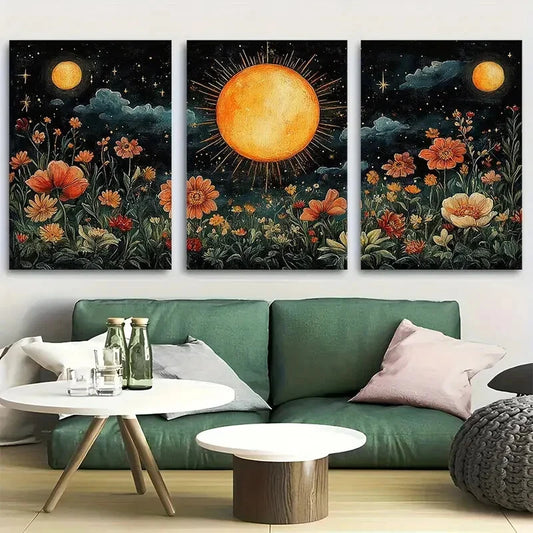 3pcs Celestial Sun and Floral Elegant Botanical Metal Print Ready to Hang Art