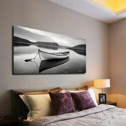 Tranquil Lake Scene Rowboat Wall Art canvas office home room framed 120x60cm