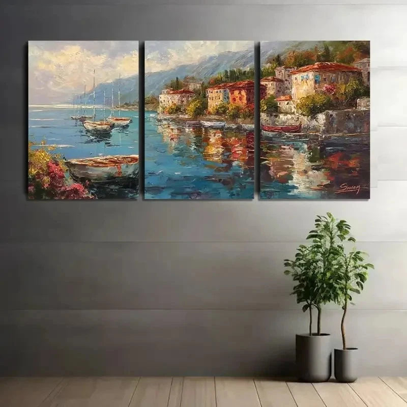 3pcs Coastal Town Scene with Boats Buildings Metal Print Ready to Hang Art - Bella Home Decor