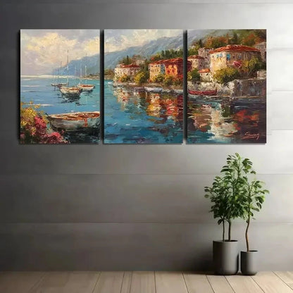 3pcs Coastal Town Scene with Boats Buildings Metal Print Ready to Hang Art - Bella Home Decor