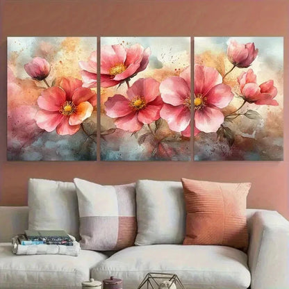 3pcs Elegant Pink Cosmos Watercolor Floral Design Metal Print Ready to Hang Art - Bella Home Decor