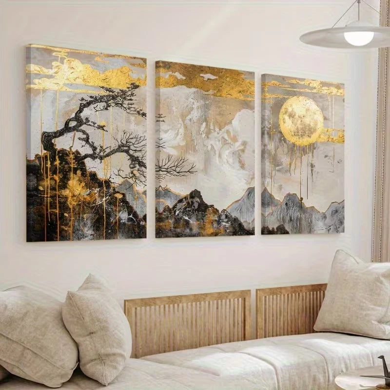 3pcs Abstract Golden Mountain Tree Wall Art Set Canvas Framed 60x90cm - High Quality Print 100% Australian Made Wall Canvas Ready to Hang