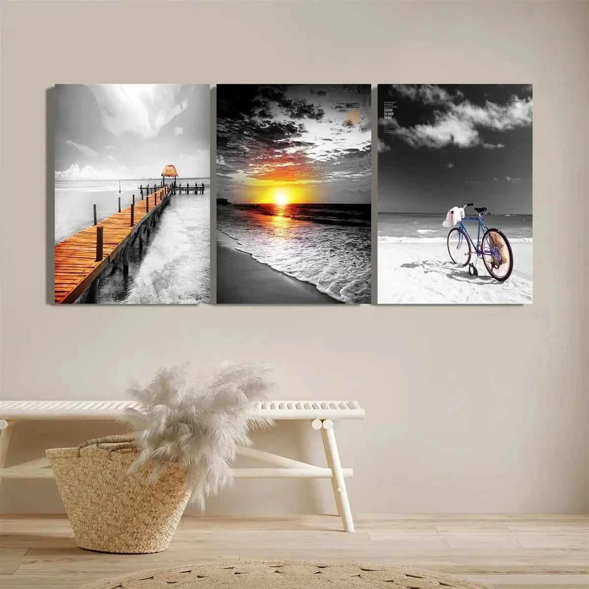 3pcs Serene Beach & Sunset Scenes Vintage Bicycle Metal Print Ready to Hang Art - Bella Home Decor