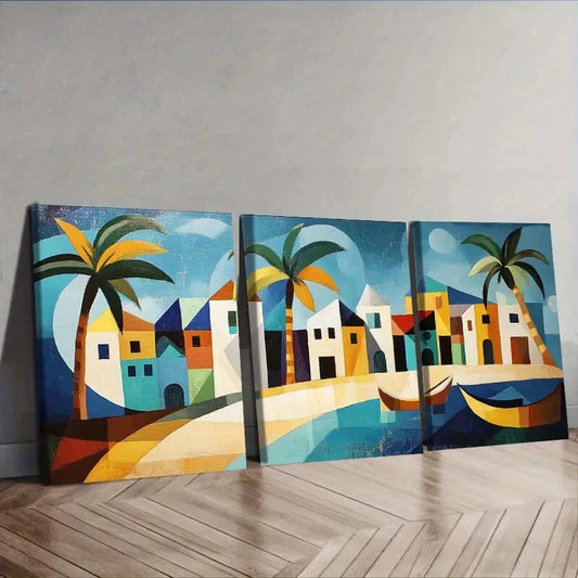 3pcs Caribbean houses and boats Painting Wall Art Set Canvas Framed 40x60cm - High Quality Print 100% Australian Made Wall Canvas Ready to Hang