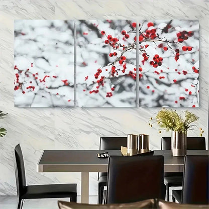 3pcs Snowy Branches Red Berries Metal Print Ready to Hang Art