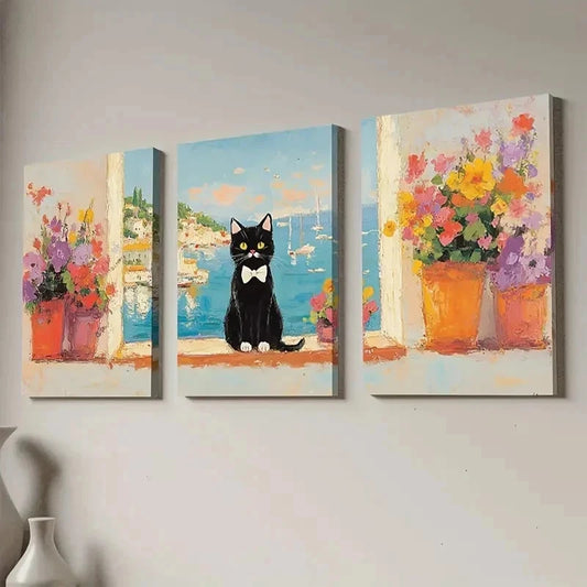 3pcs Cat with White Paws & Bow Tie Wall Art Set Canvas Framed 60x90cm - High Quality Print 100% Australian Made Wall Canvas Ready to Hang