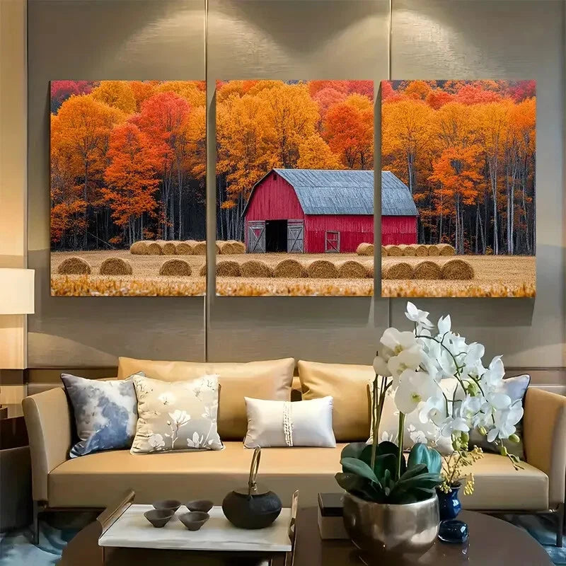 3pcs Old Barn Surrounded By Autumn Forest And Hay Metal Print Ready to Hang Art