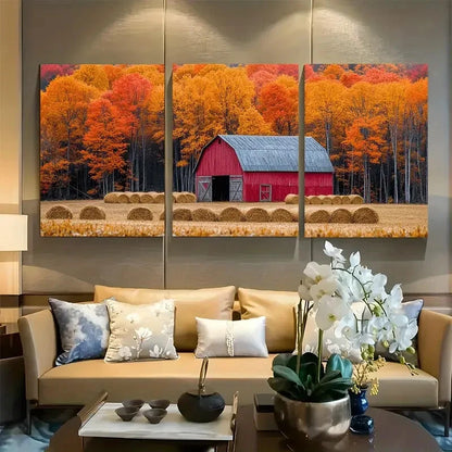 3pcs Old Barn Surrounded By Autumn Forest And Hay Metal Print Ready to Hang Art