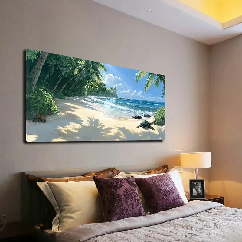 Beach Scene with Palm Trees Wall Art canvas office home room framed 120x60cm - Bella Home Decor