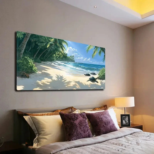 Beach Scene with Palm Trees Wall Art canvas office home room framed 120x60cm