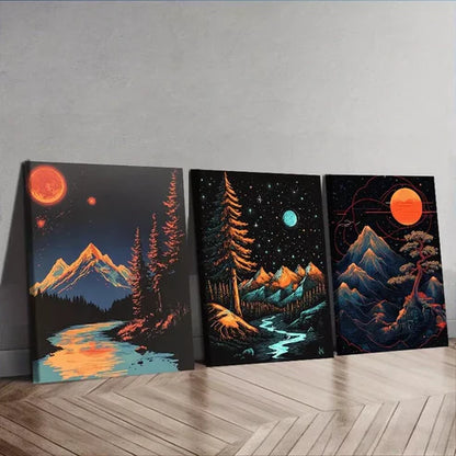 3pcs Featuring A Starry Sky Nature Moon Wall Art Set Canvas Unframed - High Quality Print 100% Australian Made Wall Canvas