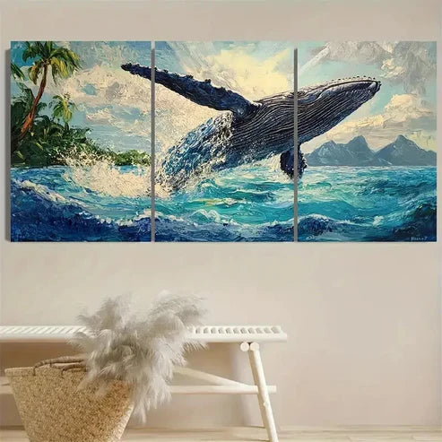 3pcs Bora Bora Whale, Breaching Humpback Wall Art Set Canvas Unframed - High Quality Print 100% Australian Made Wall Canvas - Bella Home Decor
