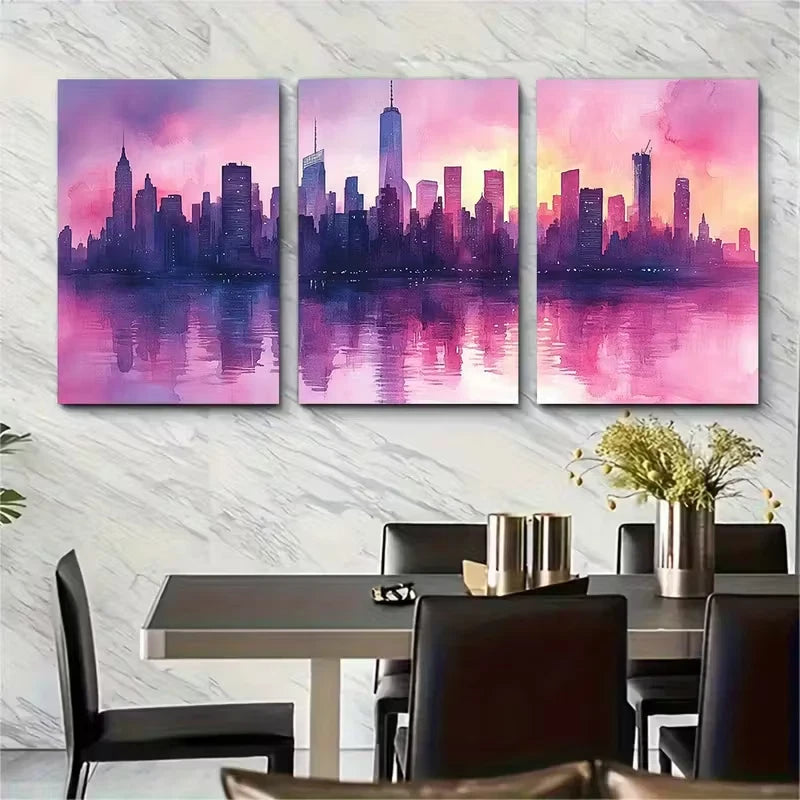 3pcs Pink and Purple Pastel Urban Metal Print Ready to Hang Art