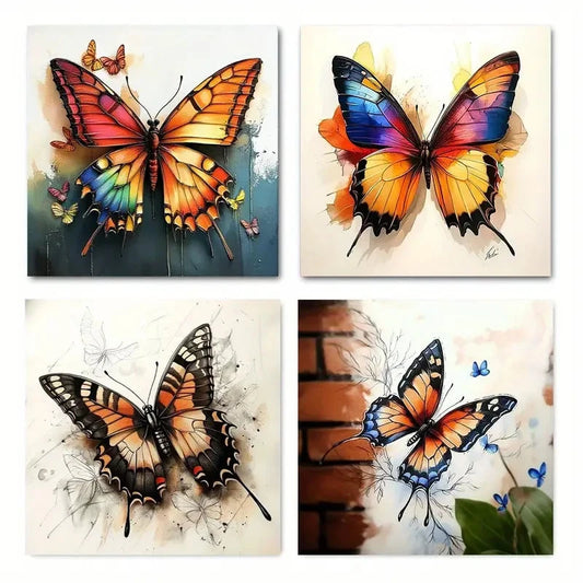 4pcs Beautiful Butterfly Flowers Wall Art Canvas Framed