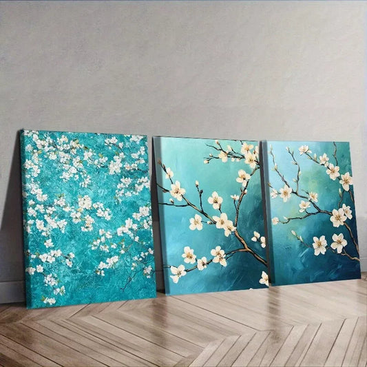 3pcs Green And White Blooming Almond Trees Wall Art Set Canvas Framed 50x70cm - High Quality Print 100% Australian Made Wall Canvas Ready to Hang