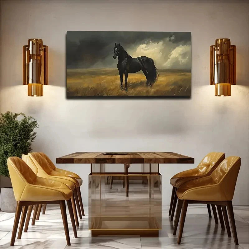 Abstract Black Steed Stands Wall Art canvas office home room framed 120x60cm