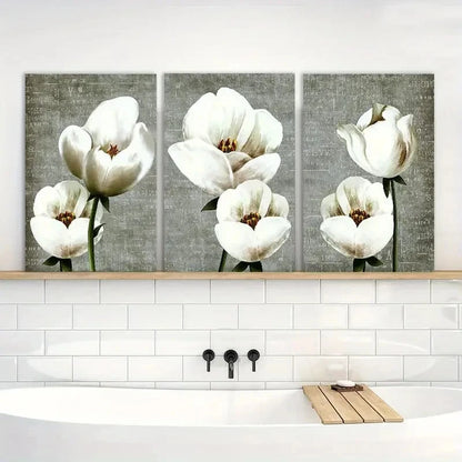 3pcs Vintage Style White Flowers Wall Painting Metal Print Ready to Hang Art - Bella Home Decor