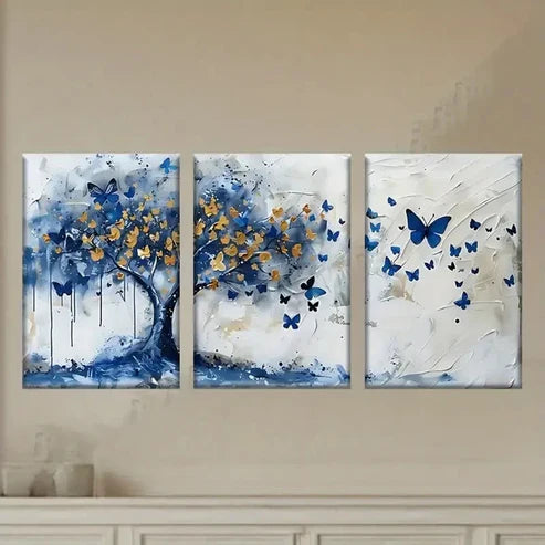 3pcs Vibrant Blue & Golden Butterfly Tree  Wall Art Set Canvas Unframed - High Quality Print 100% Australian Made Wall Canvas - Bella Home Decor