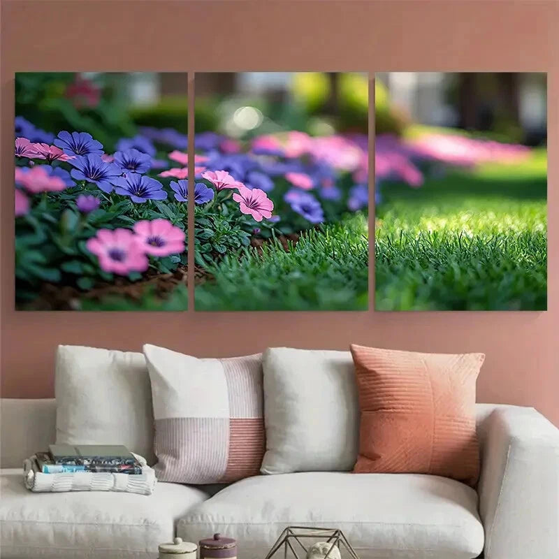 3pcs Grassy Flowerbed with Pink Purple Flowers Metal Print Ready to Hang Art - Bella Home Decor
