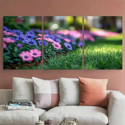 3pcs Grassy Flowerbed with Pink Purple Flowers Metal Print Ready to Hang Art - Bella Home Decor