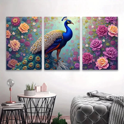 3pcs Vibrant Peacock & Floral Wall Art Set Canvas Framed 40x60cm - High Quality Print 100% Australian Made Wall Canvas Ready to Hang