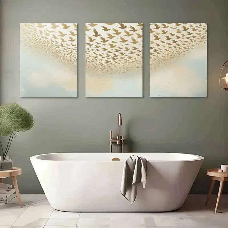 3pcs Flying Birds Golden & White Flock Design Metal Print Ready to Hang Art - Bella Home Decor