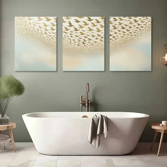 3pcs Flying Birds Golden & White Flock Design Metal Print Ready to Hang Art