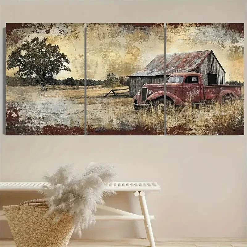 3pcs Weathered Red Pickup Truck in Golden Wall Art Set Canvas Framed 50x70cm - High Quality Print 100% Australian Made Wall Canvas Ready to Hang - Bella Home Decor