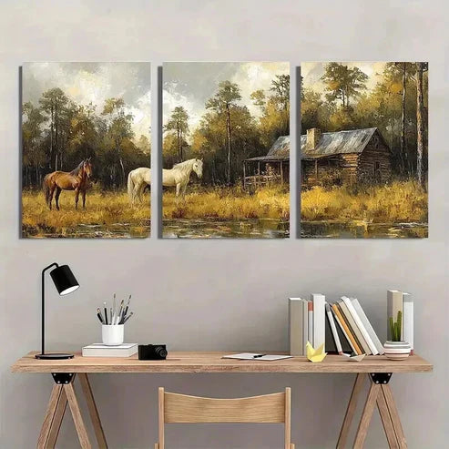 3pcs Green Forest Cabin Horse Abstract Painting  Wall Art Set Canvas Unframed - High Quality Print 100% Australian Made Wall Canvas